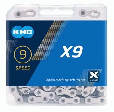 Ланцюг KMC X9 Silver/Grey 9 швидкостей 114 ланок срібний/сірий + замок фото