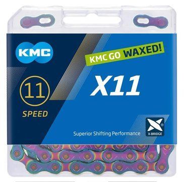 Цепь KMC X11, 11 speed, 118 links, oil slick, Waxed (смазанный парафиновой смазкой KMC GO WAX) + замок