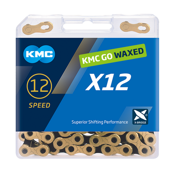 Цепь KMC X12, 12 speed, 126 links, gold/black, Waxed (смазанный парафиновой смазкой KMC GO WAX) + замок