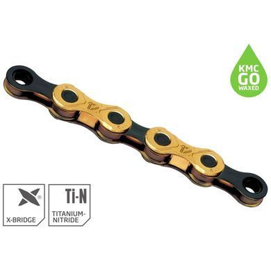 Цепь KMC X12, 12 speed, 126 links, gold/black, Waxed (смазанный парафиновой смазкой KMC GO WAX) + замок